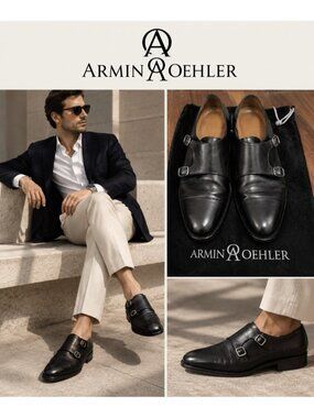 Armin Oehler Men’s Black Leather Double Monk Strap Cap Toe Dress Shoes US 10
